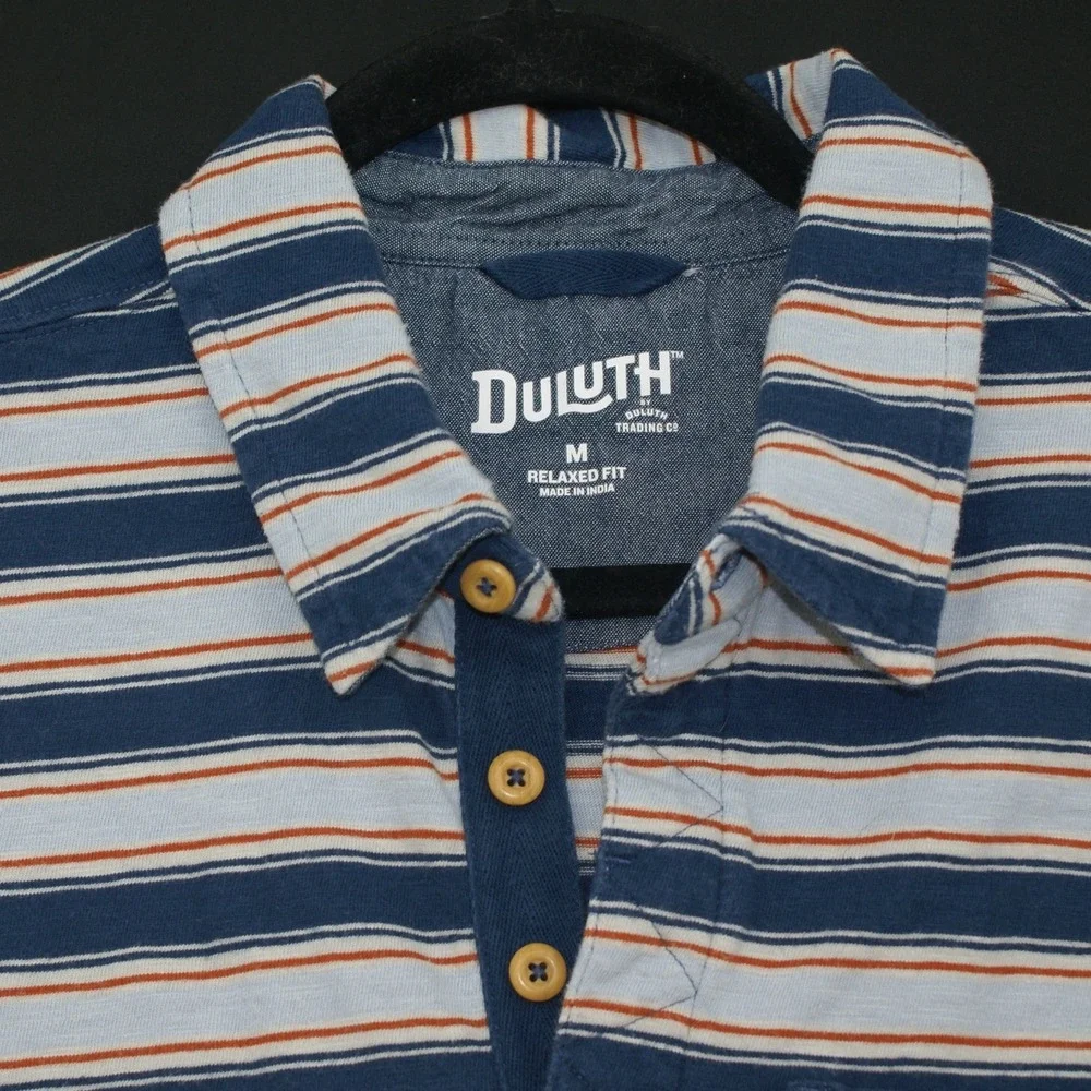 Duluth Trading Co Mens Relaxed Fit Striped Polo Shirt Blue Orange Size M